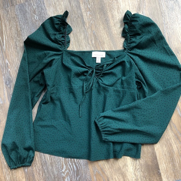 Topshop green blouse with black dots ruched tie front sweetheart neckline - Picture 2 of 3